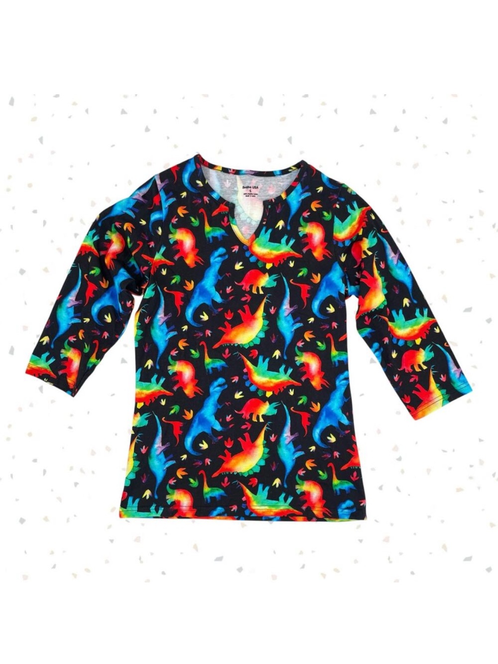 Svaha Rainbowsaurus Split Neck Tunic Top 3/4 Sleeve Colorful Dinosaur Tee Size S